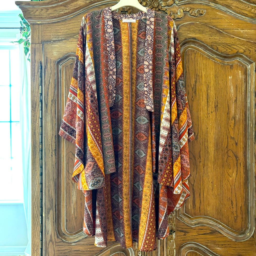 NWT Band of Gypsies Long Kimono Tunic Orange Patterns